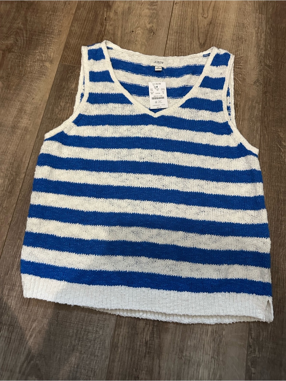 J. Crew White and Royal Blue Striped V-Neck Tank